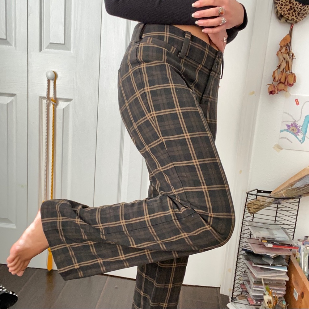 mid rise brown plaid dress pants